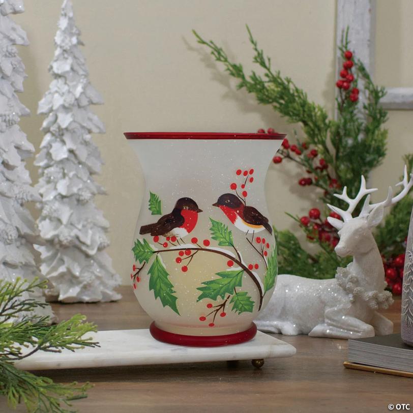 Northlight 8-Inch Hand Painted Finches and Pine Flameless Glass Candle Holder