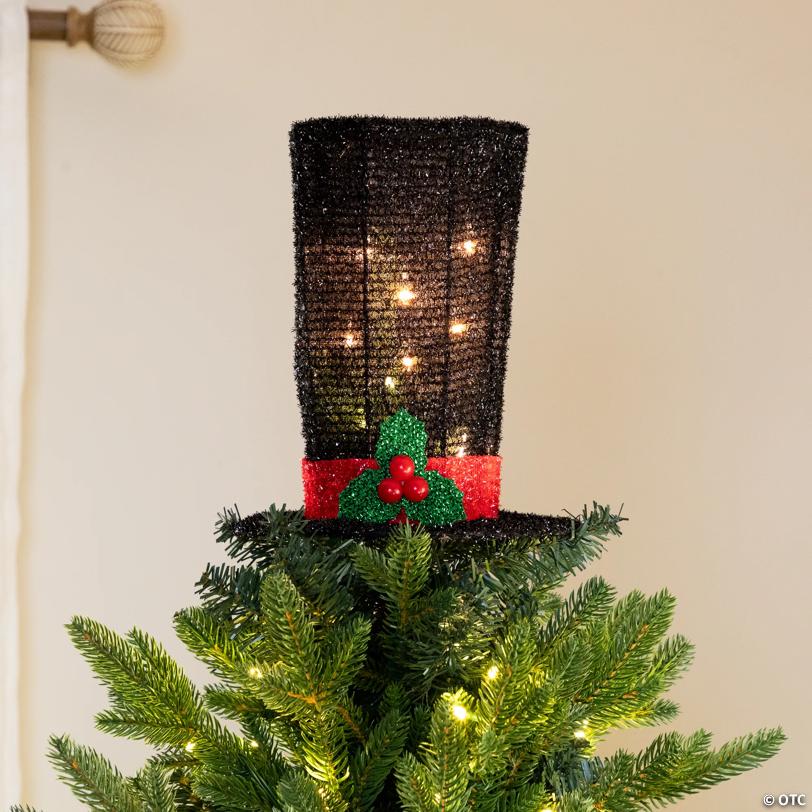 Northlight 9.25" Lighted Black Tinsel Top Hat Christmas Tree Topper  Clear Lights