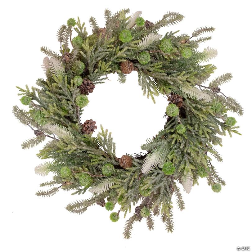 Northlight Artificial Christmas Wreath with Frosted Foliage and Pine Cones  24-Inch  Unlit