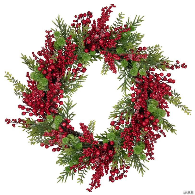 Northlight Artificial Frosted Red Berry and Pine Christmas Wreath  28-Inch  Unlit