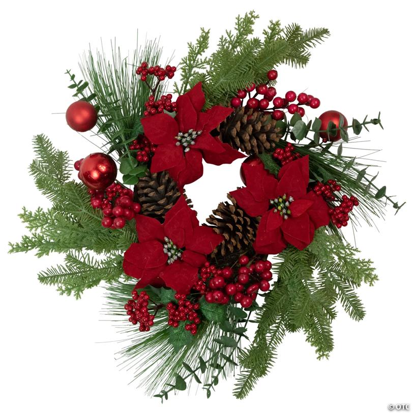 Northlight Artificial Red Berry and Poinsettia Christmas Wreath  22-Inch  Unlit