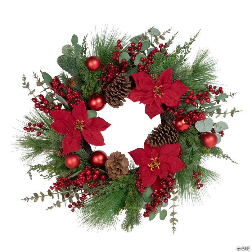 Northlight Artificial Red Berry and Poinsettia Christmas Wreath  28-Inch  Unlit