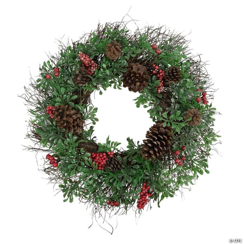 Northlight Glittered Pine Cone and Red Berry Artificial Christmas Wreath  24-Inch  Unlit