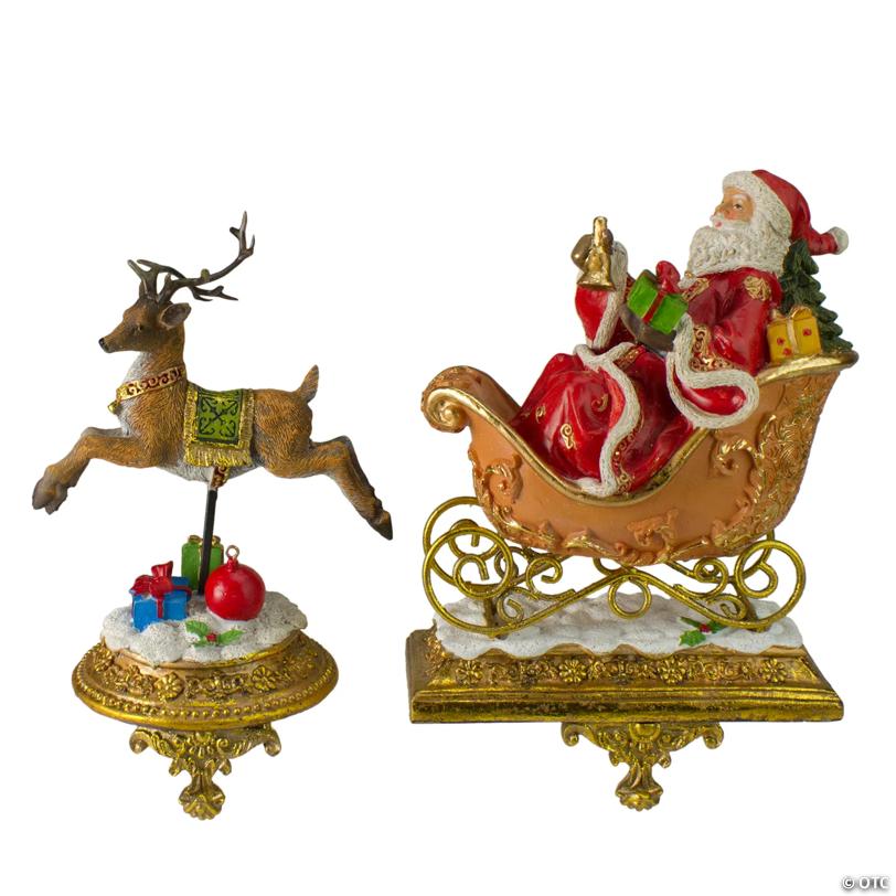 Northlight Set of 2 Gold Santa and Reindeer Glittered Christmas Stocking Holders 9.5