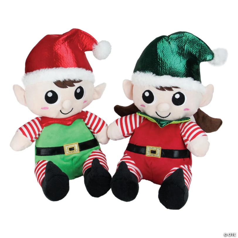 Northlight Set of 2 Red Plush Sitting Boy and Girl Christmas Elf Figures 13