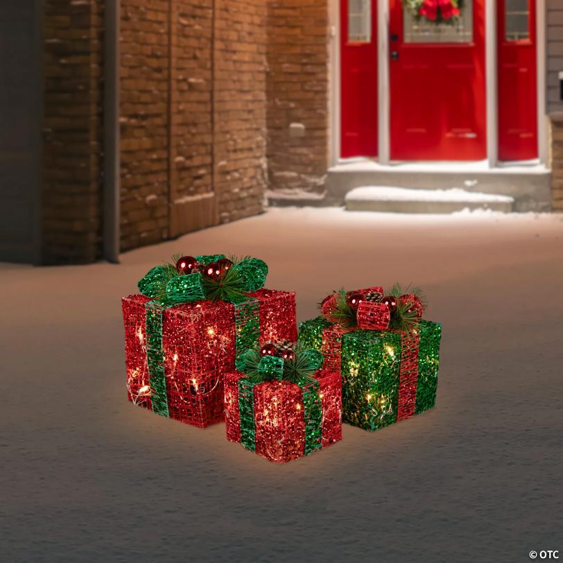Northlight Set of 3 LED Lighted Red and Green Glitter Threaded Gift Boxes Outdoor Christmas Decoration