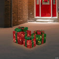 Northlight Set of 3 LED Lighted Red and Green Glitter Threaded Gift Boxes Outdoor Christmas Decoration