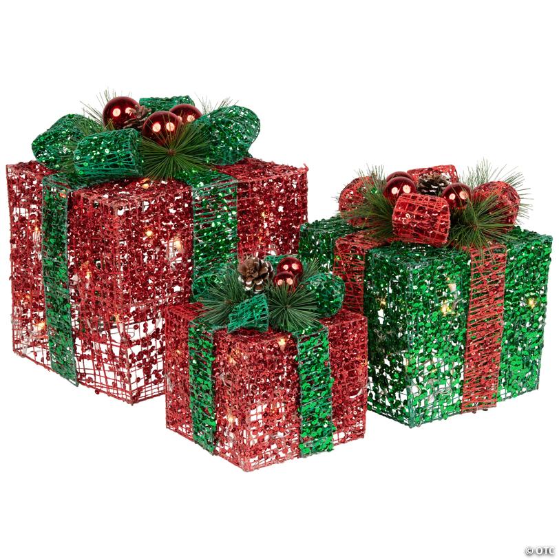 Northlight Set of 3 LED Lighted Red and Green Glitter Threaded Gift Boxes Outdoor Christmas Decoration