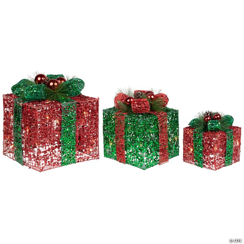 Northlight Set of 3 LED Lighted Red and Green Glitter Threaded Gift Boxes Outdoor Christmas Decoration