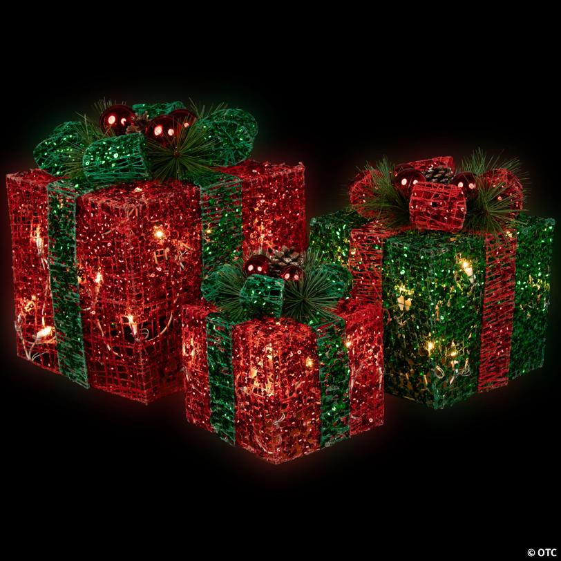Northlight Set of 3 LED Lighted Red and Green Glitter Threaded Gift Boxes Outdoor Christmas Decoration