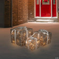 Northlight Set of 3 LED Lighted Silver Glitter Threaded Gift Boxes Outdoor Christmas Decoration