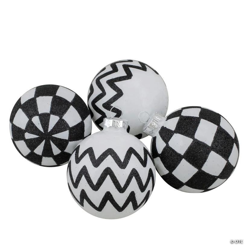 Northlight Set of 4 Black and White Glass Ball Christmas Decoration 2.75-Inch (67mm)