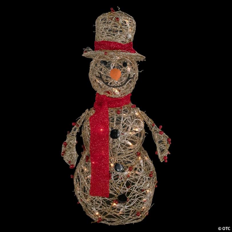 Northlight - 28" Pre-Lit Champagne Gold and Red Glittered Snowman Outdoor Christmas Yard Decor
