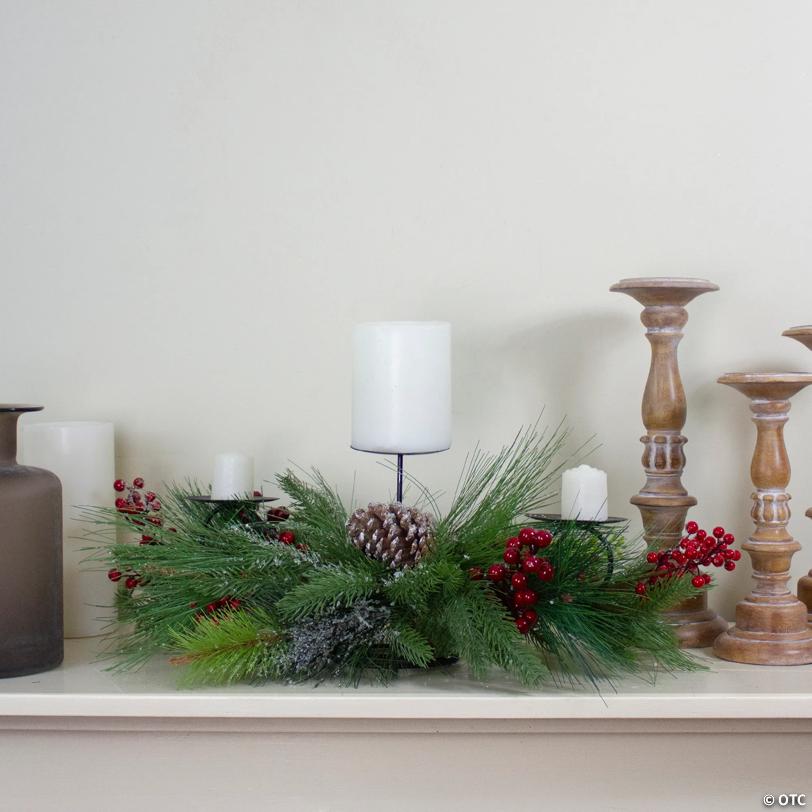 Northlight - 32" Iced Mixed Pine  Berries and Pine Cones Christmas Pillar Candle Holder
