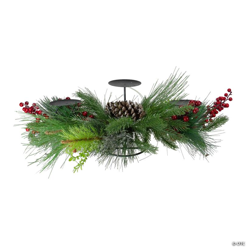 Northlight - 32" Iced Mixed Pine  Berries and Pine Cones Christmas Pillar Candle Holder