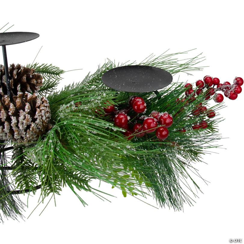 Northlight - 32" Iced Mixed Pine  Berries and Pine Cones Christmas Pillar Candle Holder
