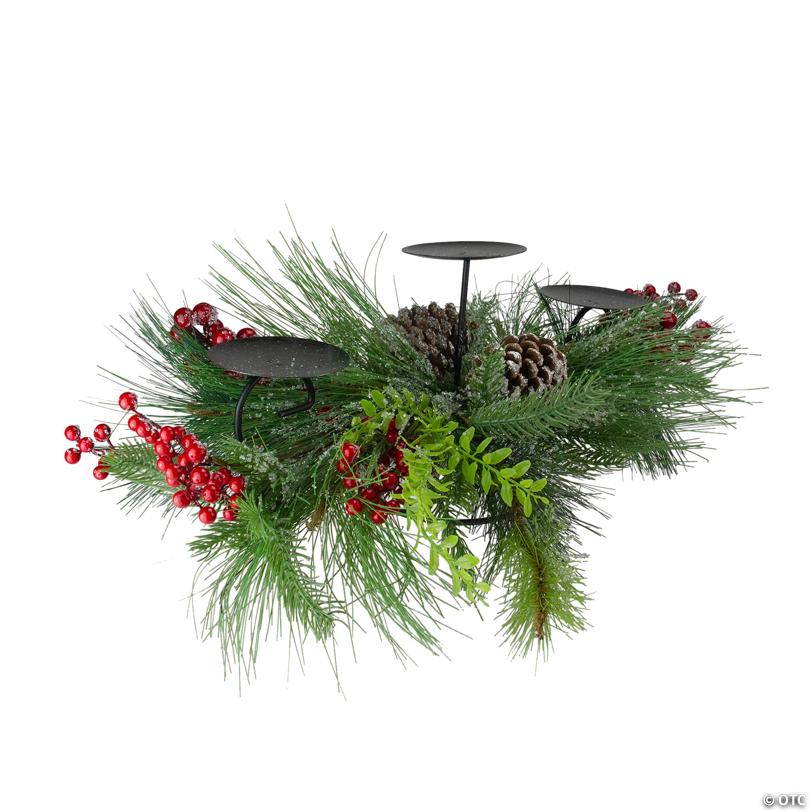 Northlight - 32" Iced Mixed Pine  Berries and Pine Cones Christmas Pillar Candle Holder