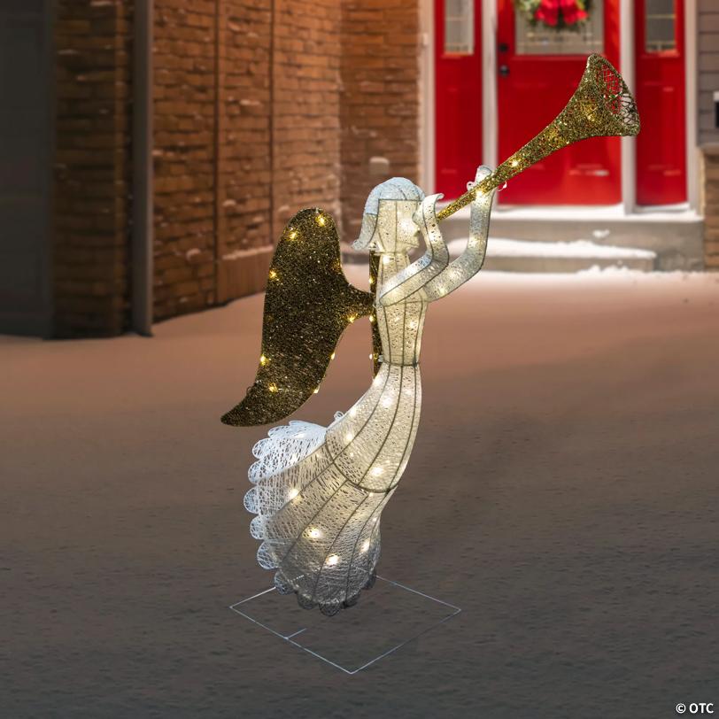 Northlight - 48" Lighted Glittered Silver and Gold Trumpeting Angel Christmas Outdoor Decoration