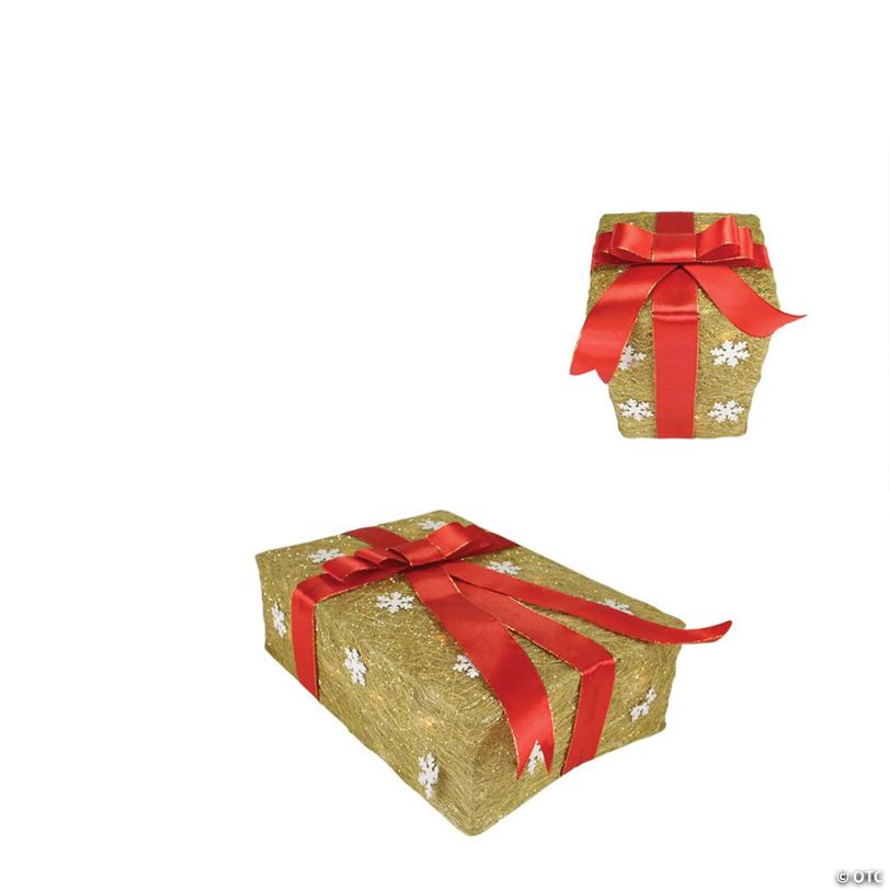 Northlight - Pre-Lit Gold and Red Snowflake Gift Box Outdoor Christmas Decor, Set of 3