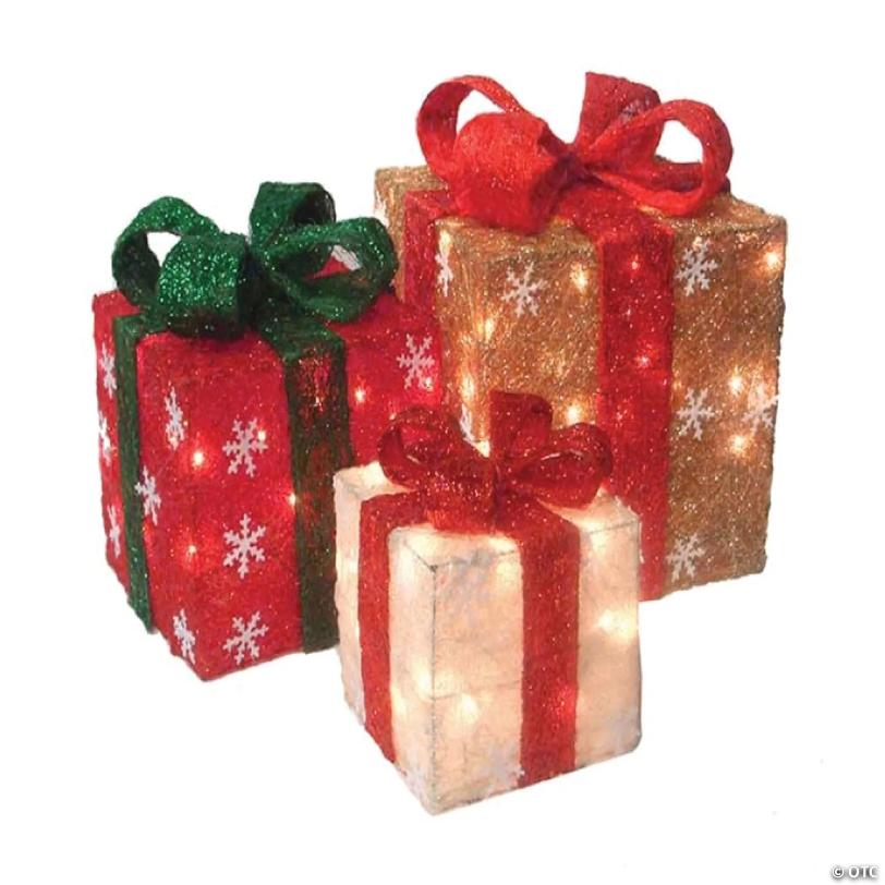 Northlight - Set of 3 Lighted Red and Ivory Christmas Gift Boxes Outdoor Decor