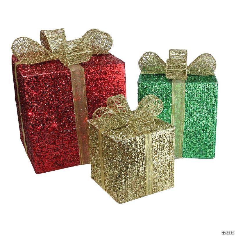Northlight - Set of 3 Red Pre-Lit Glittering Gift Boxes Christmas Outdoor Decor