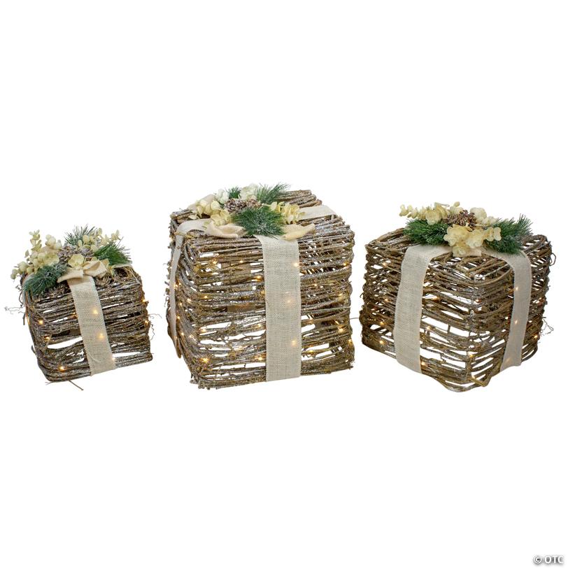 Northlight - Set of 3 Silver LED Rattan Christmas Gift Boxes With Pine Cones - 13