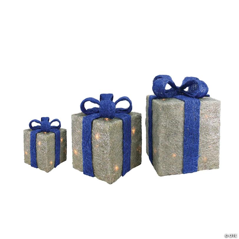 Northlight - Set of 3 Silver and Blue Lighted Gift Boxes Outdoor Christmas Yard Decor