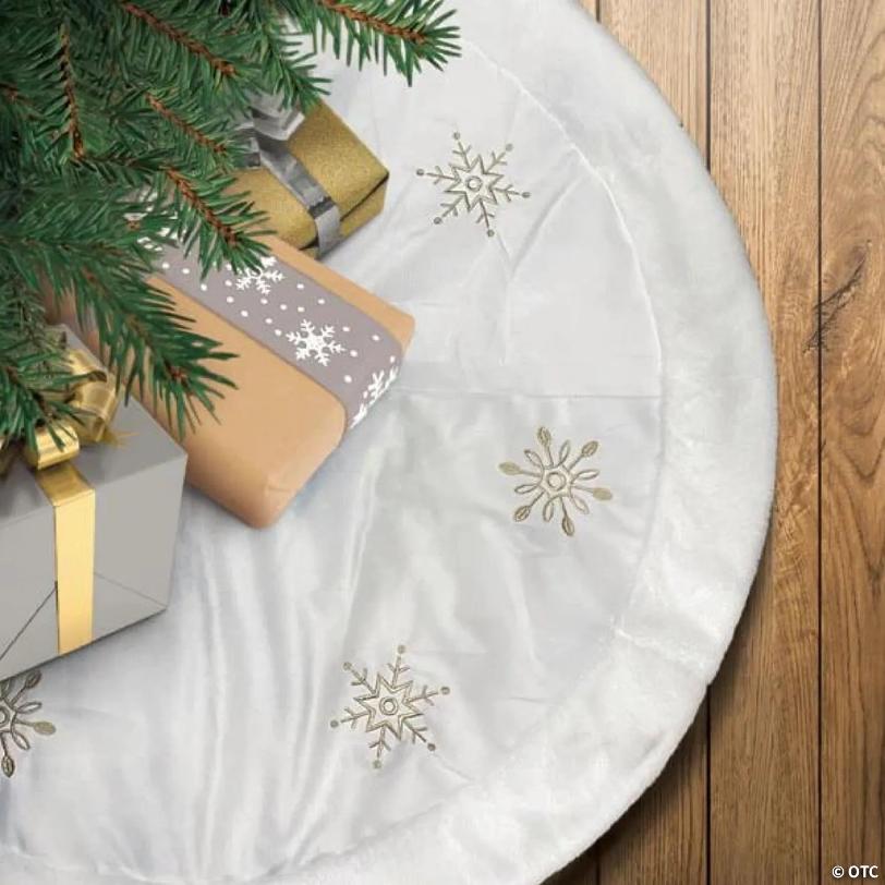 Old World Christmas Ivory Embroidered Christmas Tree Skirt, Snowflakes with Faux Fur Trim, 48in