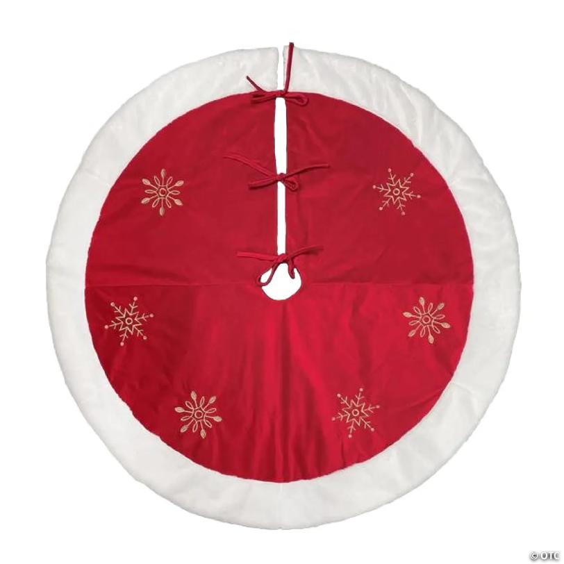 Old World Christmas Red Embroidered Christmas Tree Skirt, Snowflakes with Faux Fur Trim, 48in