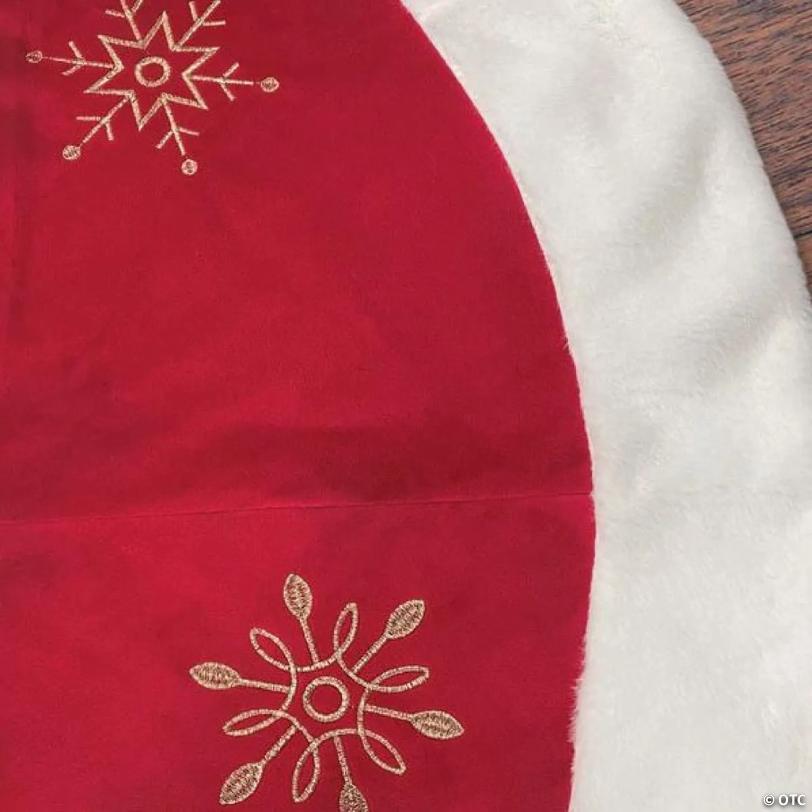 Old World Christmas Red Embroidered Christmas Tree Skirt, Snowflakes with Faux Fur Trim, 48in