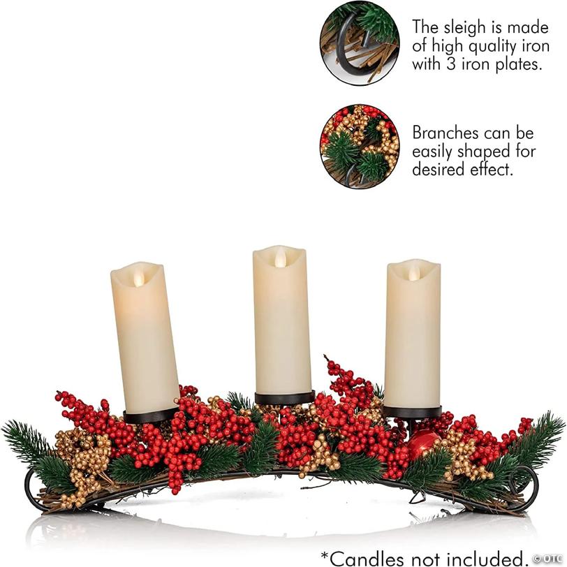 Ornativity Christmas Decor Candle Holder Xmas Themed Candle Holder Centerpiece Decorations with Red and Gold Berries and Evergreens