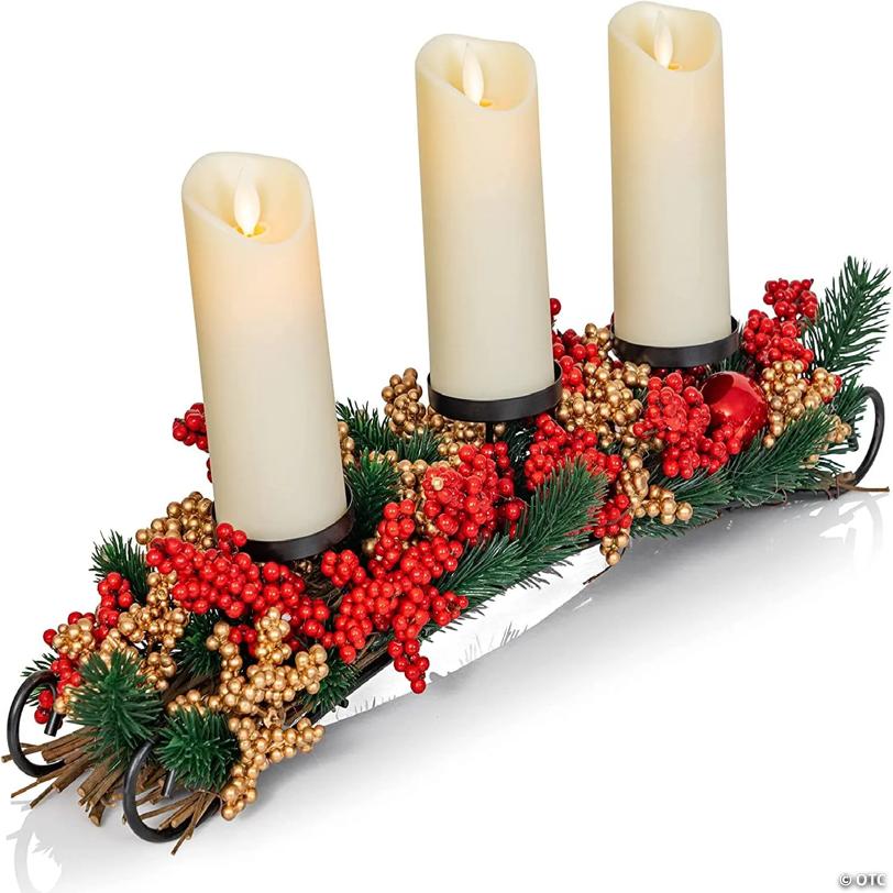 Ornativity Christmas Decor Candle Holder Xmas Themed Candle Holder Centerpiece Decorations with Red and Gold Berries and Evergreens