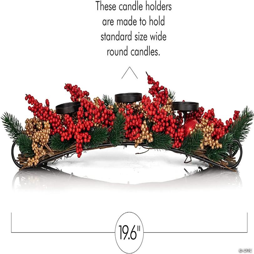 Ornativity Christmas Decor Candle Holder Xmas Themed Candle Holder Centerpiece Decorations with Red and Gold Berries and Evergreens