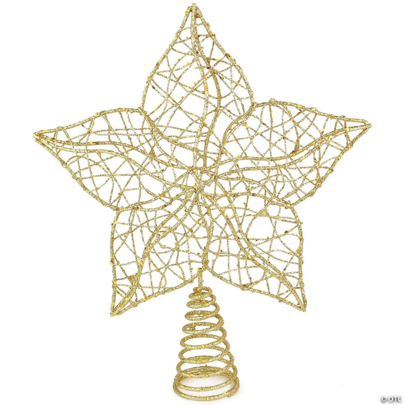 Ornativity Glittered Star Tree Topper - Christmas Gold Sparkle Wire Star Leafy Decoration