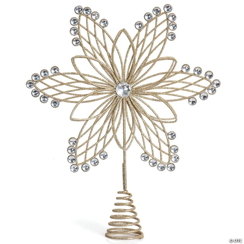 Ornativity Jewel Flower Tree Topper - Gold Glitter Sparkling Metal Wire Star Flower Topper with Sparkly Gem Finish Christmas Tree Top Ornament Decoration
