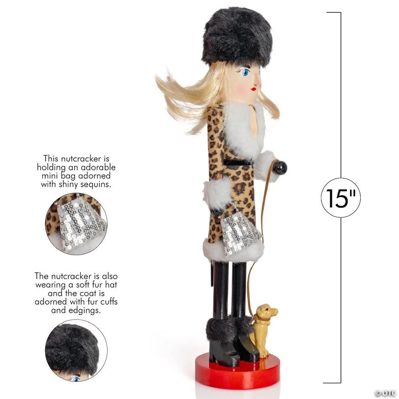 Ornativity Shopping Lady Christmas Nutcracker - Wooden Glitter Shopper with Dog Themed Holiday Nut Cracker Doll Figure Toy Decorations