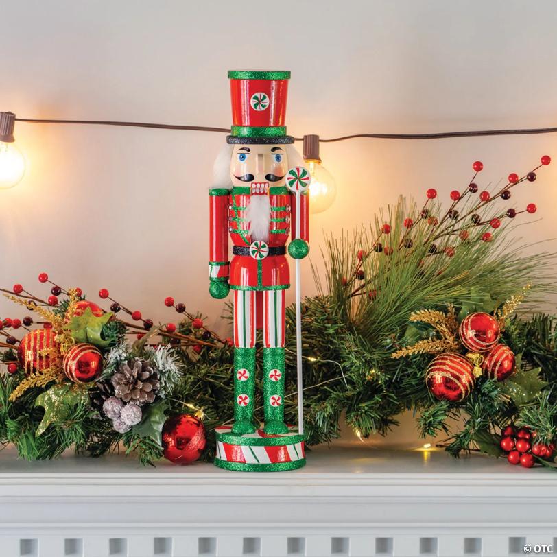 Ornativity Wooden Peppermint Christmas Nutcracker - Red, White and Green Glitter Candy Themed Holiday Nut Cracker Doll Figure Toy Soldier Decorations