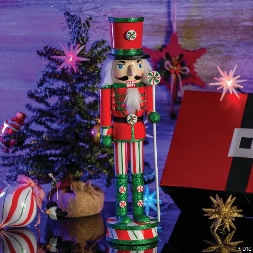 Ornativity Wooden Peppermint Christmas Nutcracker - Red, White and Green Glitter Candy Themed Holiday Nut Cracker Doll Figure Toy Soldier Decorations