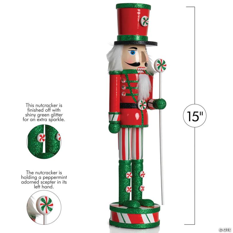 Ornativity Wooden Peppermint Christmas Nutcracker - Red, White and Green Glitter Candy Themed Holiday Nut Cracker Doll Figure Toy Soldier Decorations