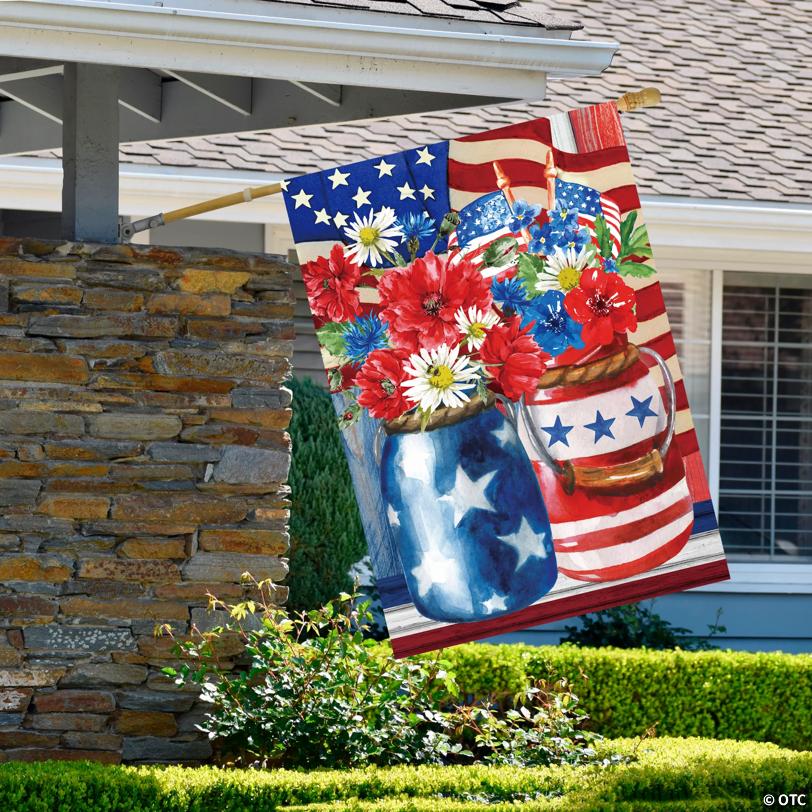 Patriotic Americana Floral Bouquet Outdoor House Flag 28" x 40