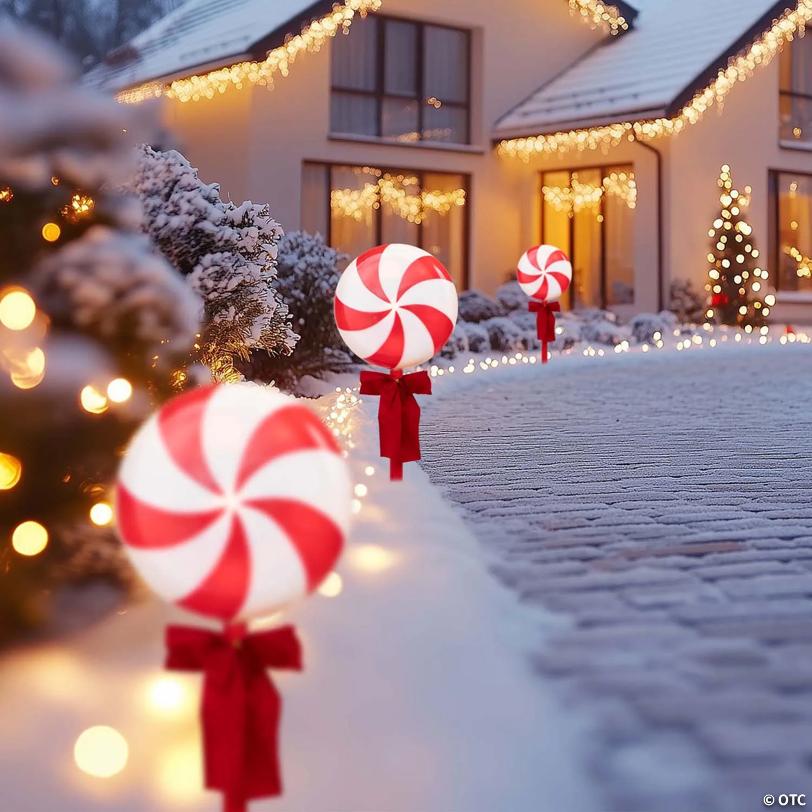 Peppermint Lollipops Christmas Pathway Markers - Clear Lights - 4.5' White Wire - 3ct