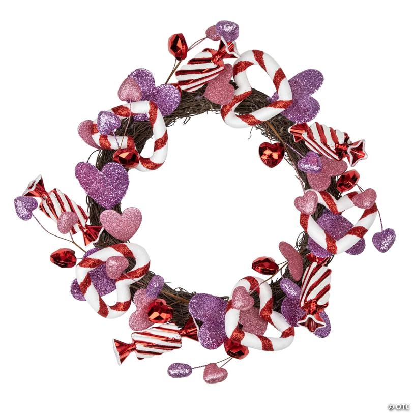 Pink and Purple Candies and Hearts Valentine's Day Wreath  16-Inch  Unlit