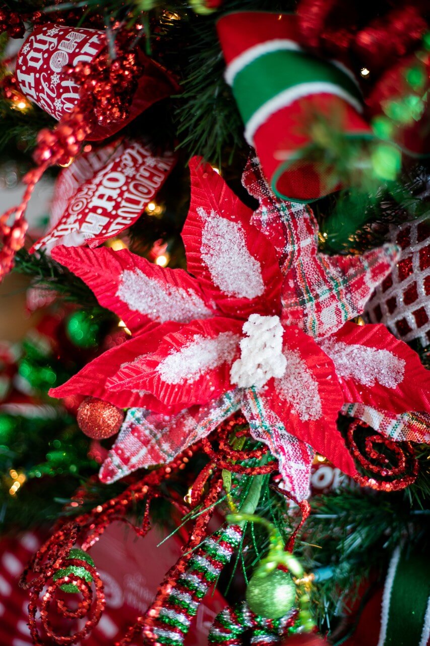 34” x 13" Frost Snowflake Plaid Velvet Poinsettia Stem