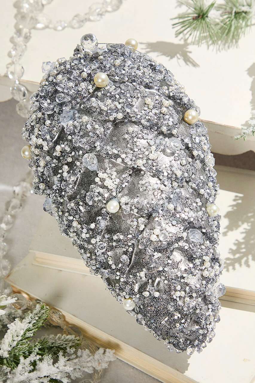 11" Pinecone Ornament with Jewel - Platinum