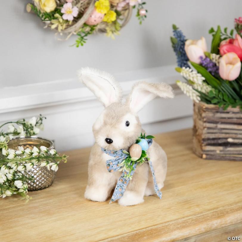 Plush Rabbit with Floral Bow Easter Figurine - 8