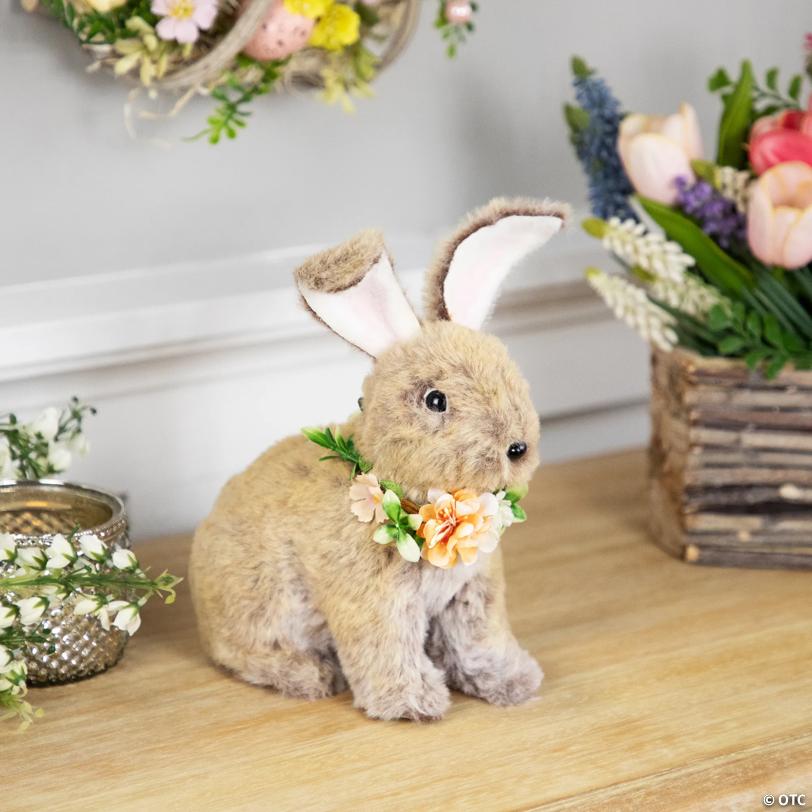 Plush Rabbit with Flower Wreath Easter Figurine - 8.5