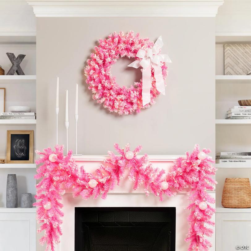 Pre-Lit Artificial Flocked Pine Christmas Garland - 9' - Pink - Clear Lights