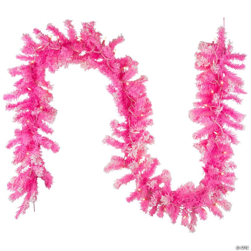 Pre-Lit Artificial Flocked Pine Christmas Garland - 9' - Pink - Clear Lights