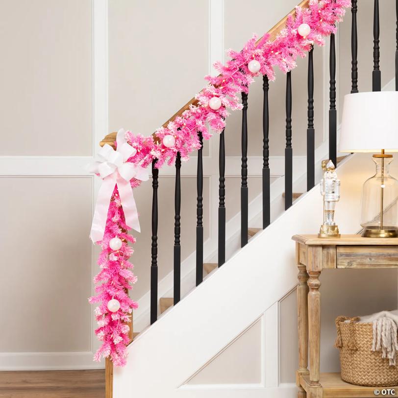 Pre-Lit Artificial Flocked Pine Christmas Garland - 9' - Pink - Clear Lights