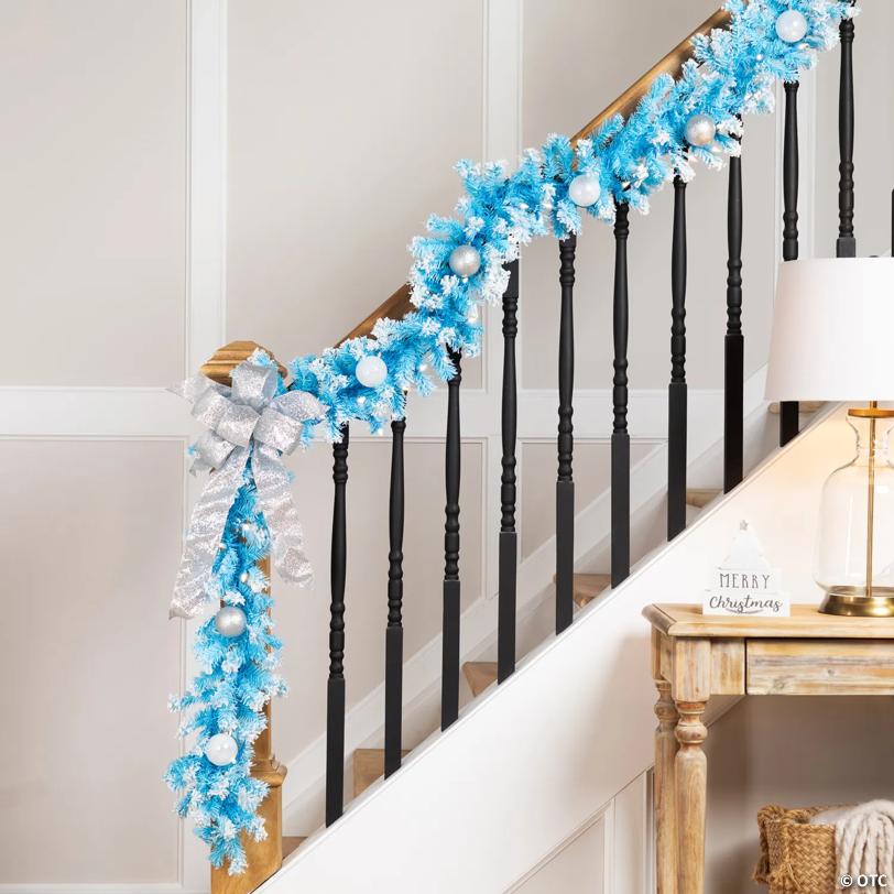 Pre-Lit Artificial Flocked Pine Christmas Garland - 9' - Sky Blue - Clear Lights